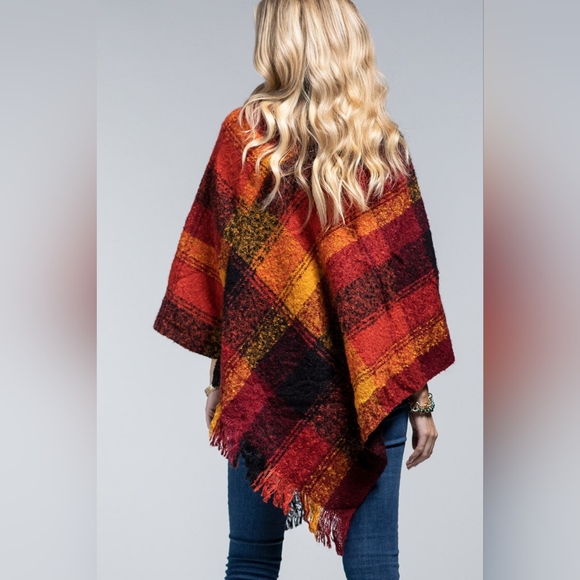 Poncho Plaid Pumpkin Spice - Boucle Yarn Dyed - Great Fall Colors - Soft & Warm - Picture 5 of 6